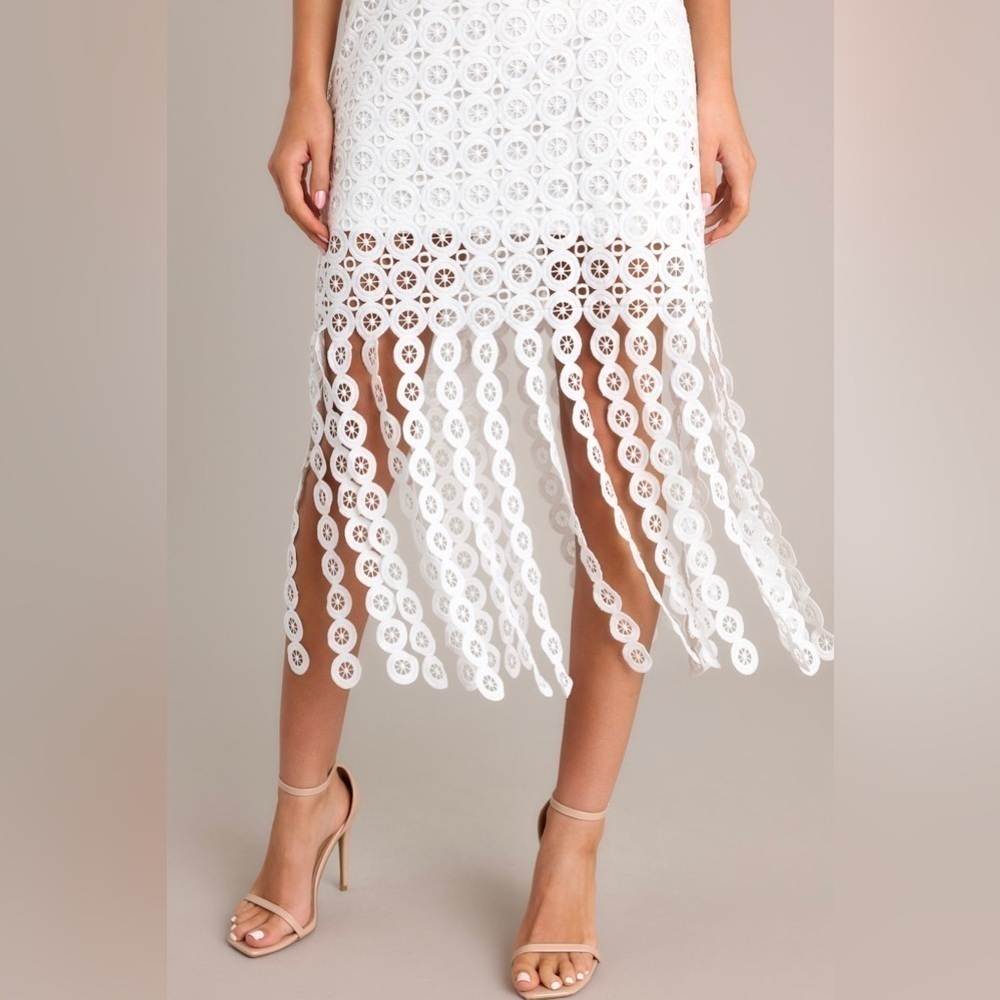 New York & Company Just Me Square Neck Circle Lace White Fringe Dress - Picture 12 of 15
